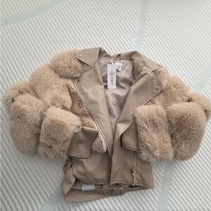 Lux Faux-Fur Trim Moto Jacket - Beige